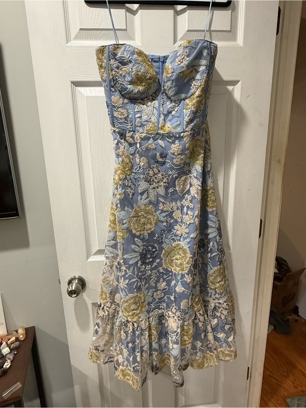 Dress the Population Blue Floral Strapless Midi Dress with Yellow Embroidery
